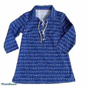 Kayce Hughes Novelty Nautical Print Lace Up Popover Cotton Blouse Blue Size 2